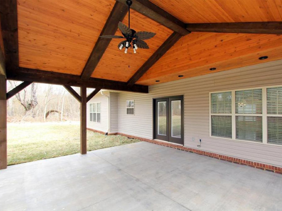 Covered Patio with Large Timber Posts and Beams and Tongue and Groove Wood Ceiling
