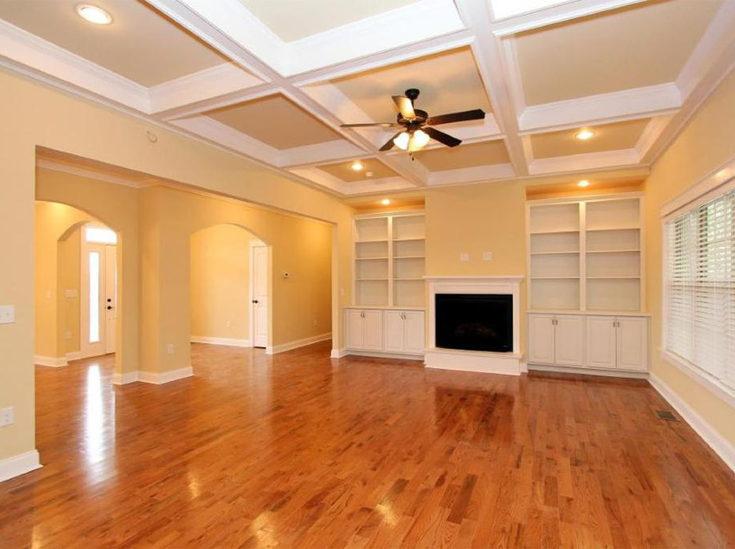 Living Area with Fireplace and Built-In Shelving