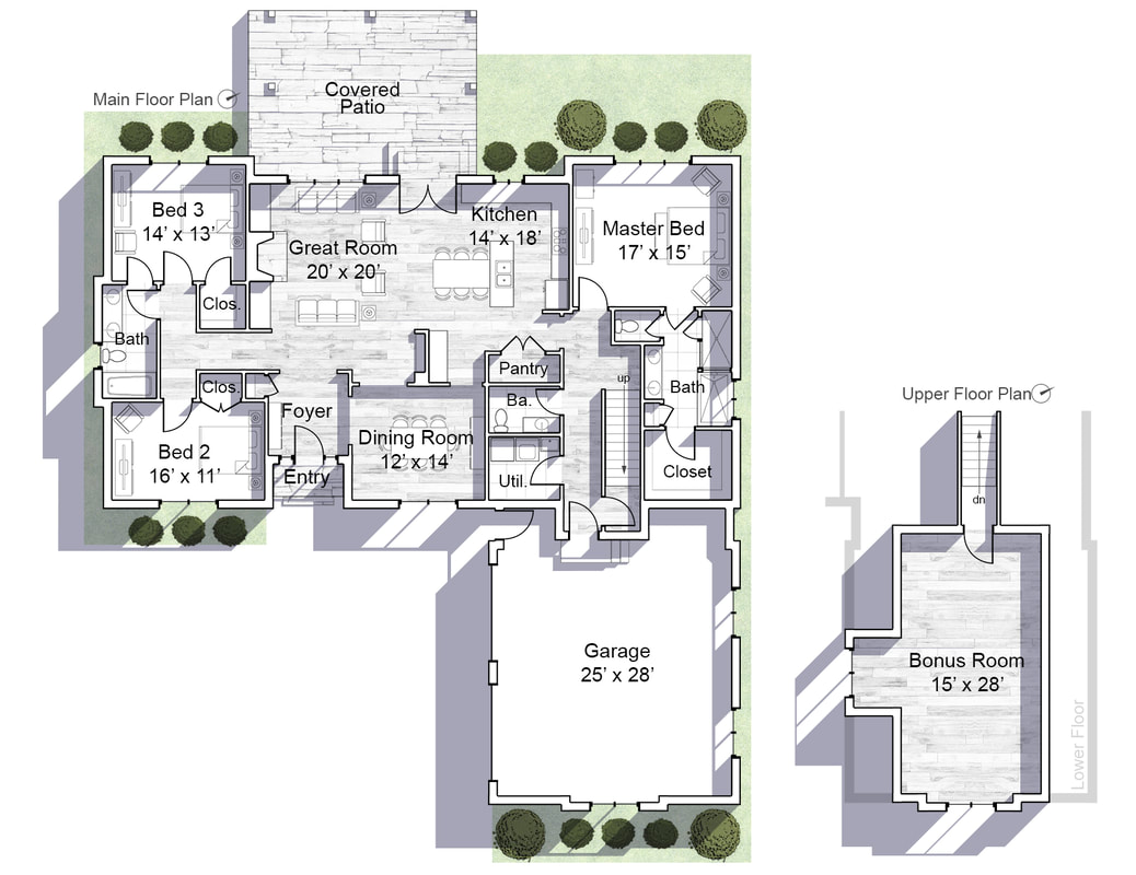 Decorative Floor Plan of Three Bedroom Two and a Half Bath Home with Two Car Garage and Bonus Room