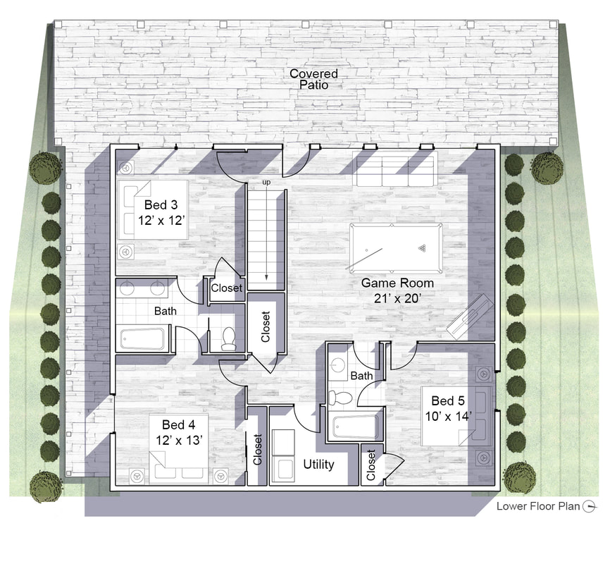 Lower Level Floor Plan of the Gatlinburg Manor Chalet Featuring Three Bedrooms, Two Bathrooms, Game Room, Wash Room, Janitor's Closet, and Covered Porch