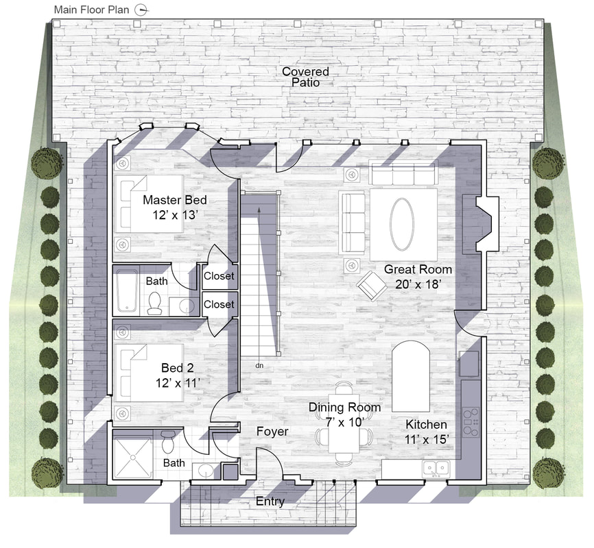 Main Level Floor Plan of the Gatlinburg Manor Chalet Featuring Two Bedrooms, Two Bathrooms, Dining Area, Great Room, Full Kitchen, and Wrap-Around Porch