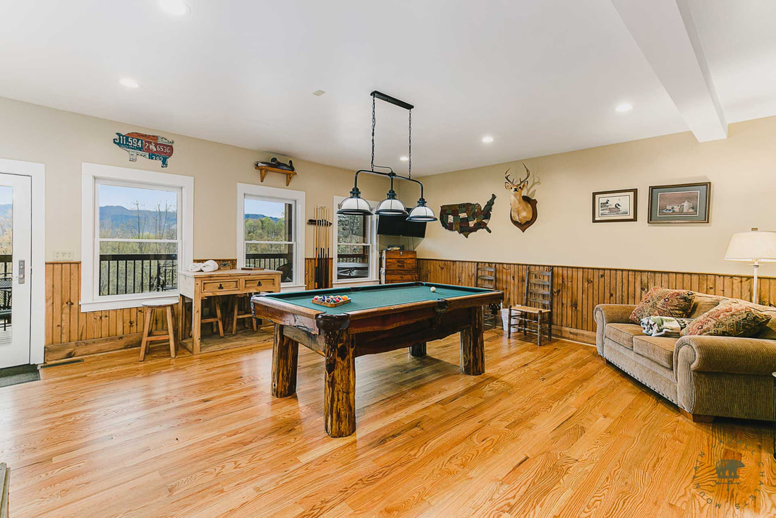 Lower Level Game Room with Pool Table at the Gatlinburg Manor Chalet